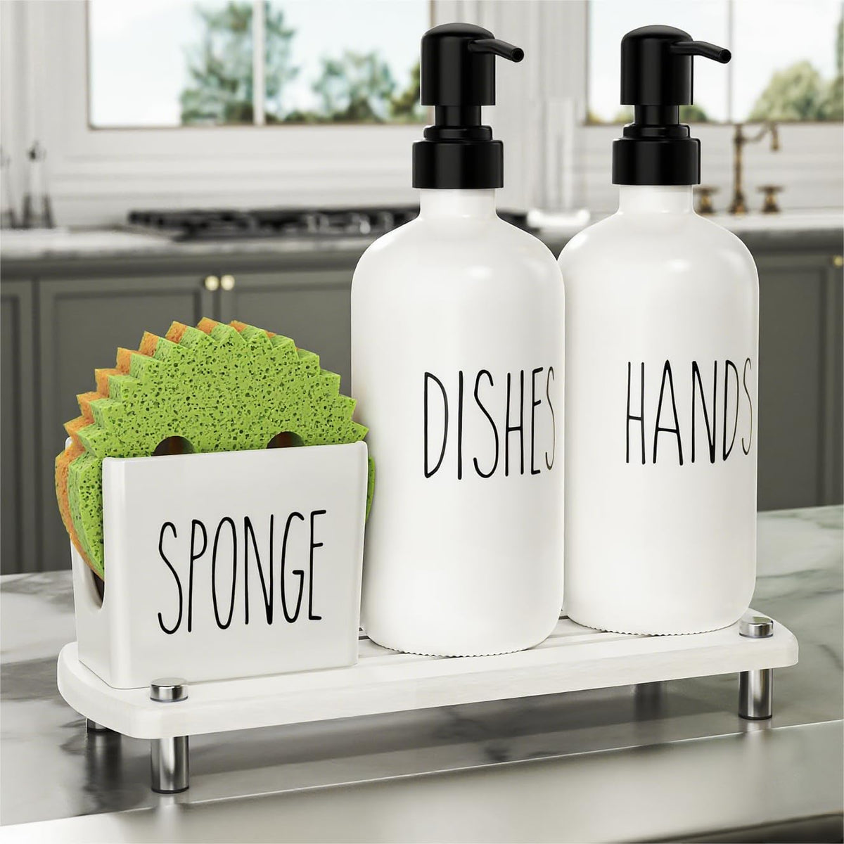Cisily glass soap bottle with gold pump for a sleek kitchen display