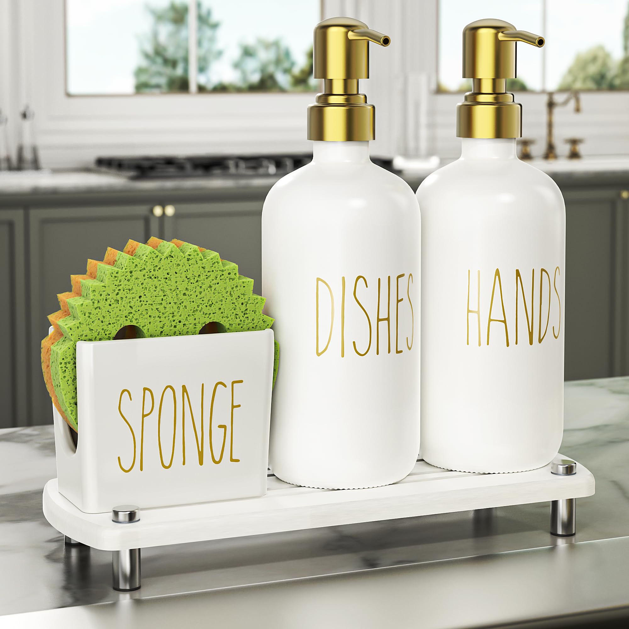 Cisily kitchen dispenser set with gold pumps for stylish soap dispensing