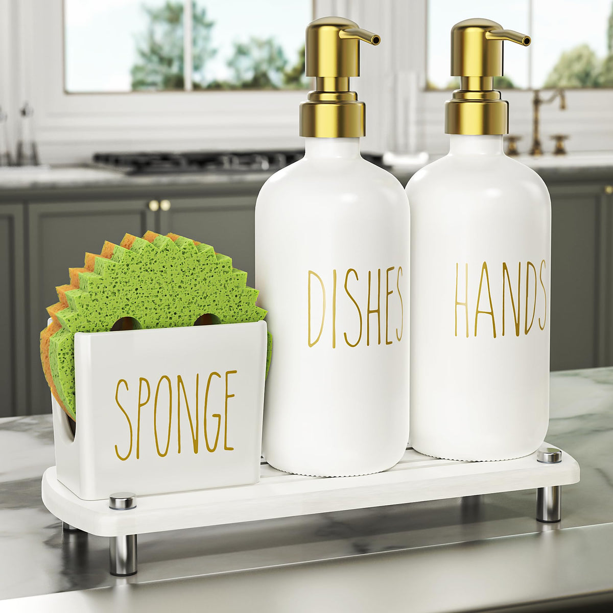 Cisily kitchen dispenser set with gold pumps for stylish soap dispensing
