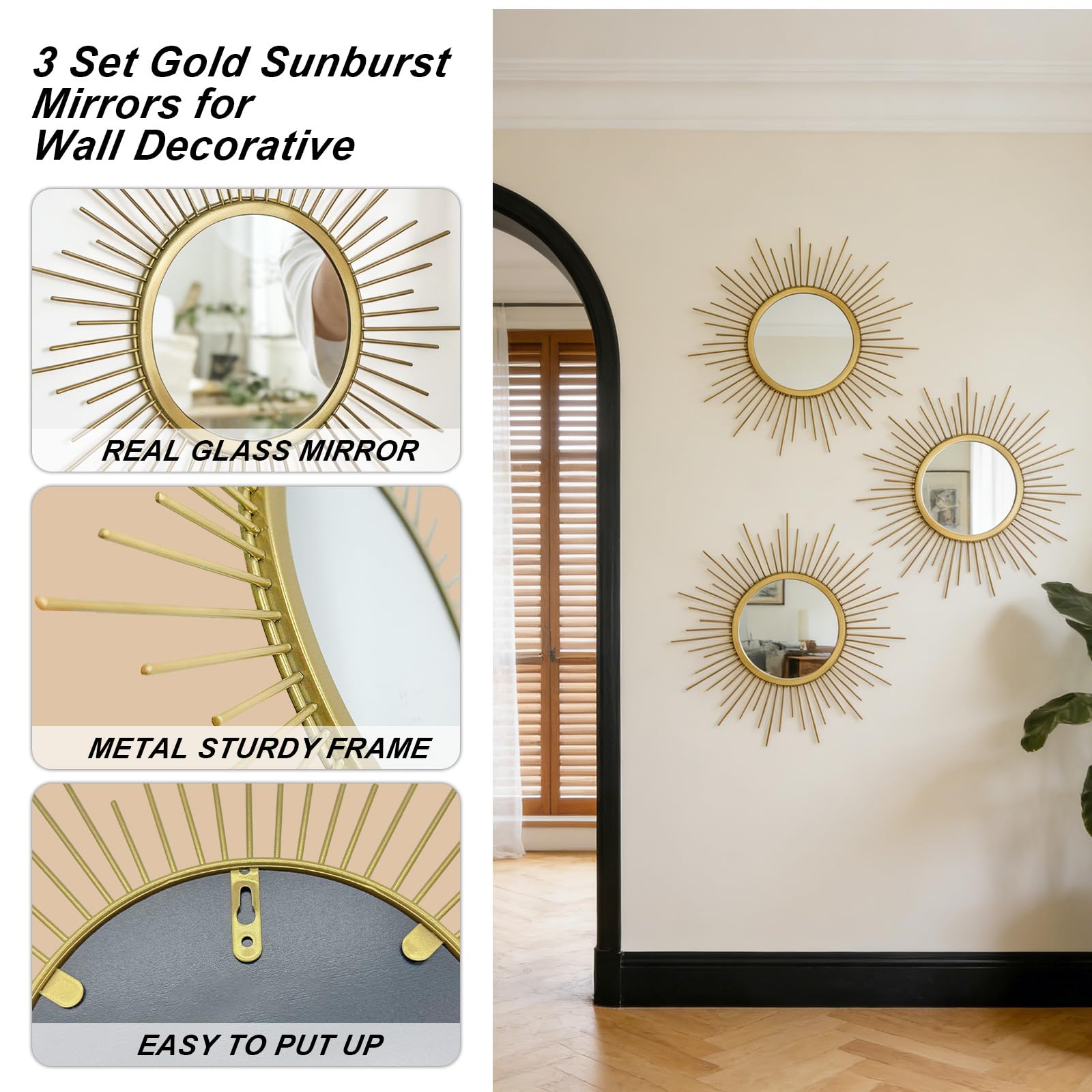 Cityelf gold sunburst mirrors: easy one-screw hanging for quick setup.