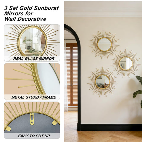 Cityelf gold sunburst mirrors: easy one-screw hanging for quick setup.