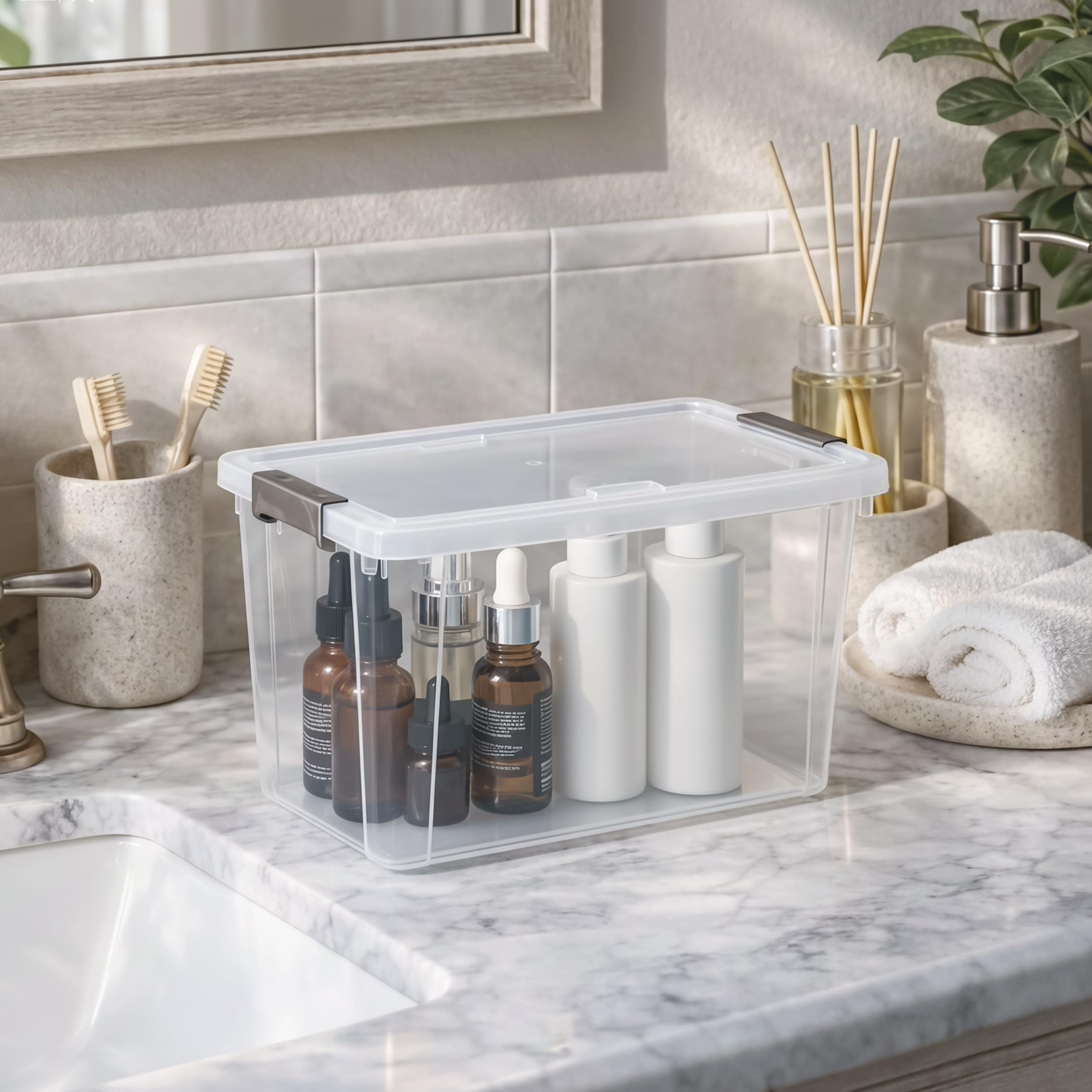 Playroom toy storage using Citylife transparent bins.