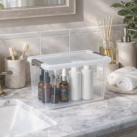 Playroom toy storage using Citylife transparent bins.
