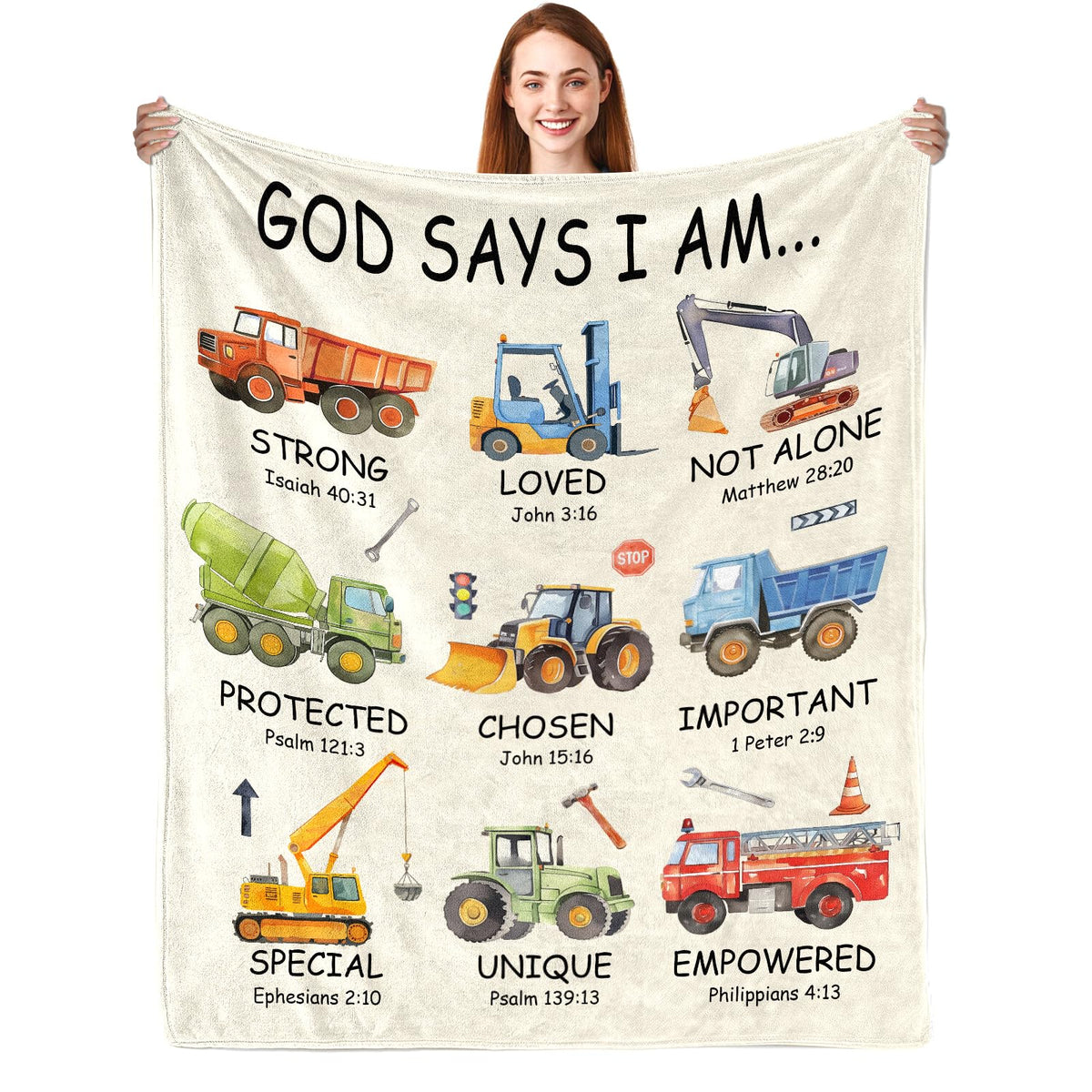 CIUGOIG God Says I Am construction truck blanket provides kids with cozy warmth.