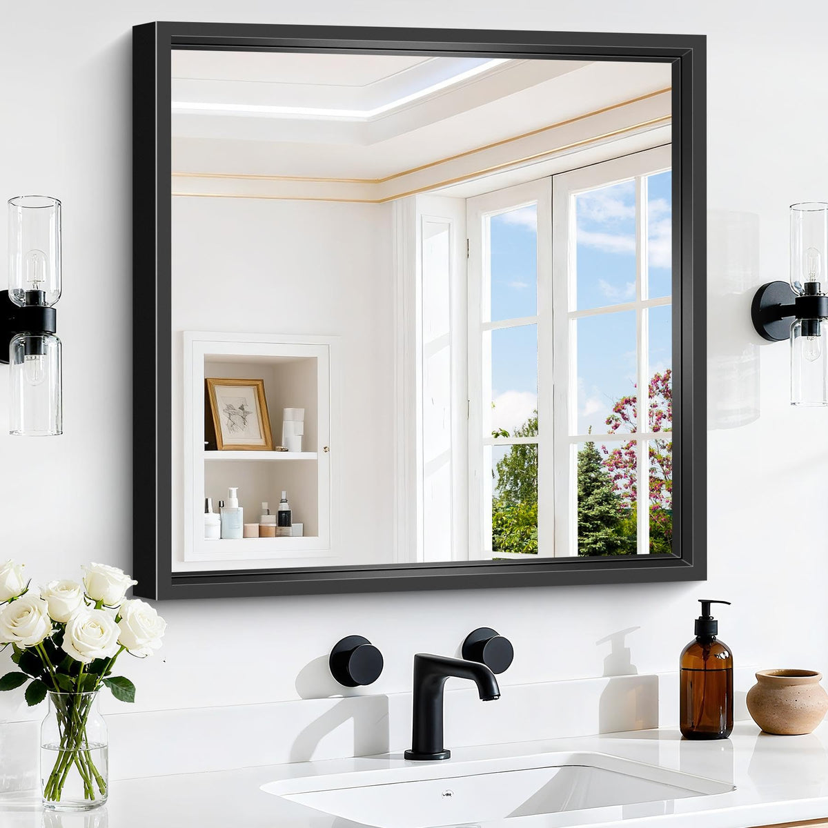 CIVENO 24x24 square black bathroom mirror with clear, distortion-free reflection