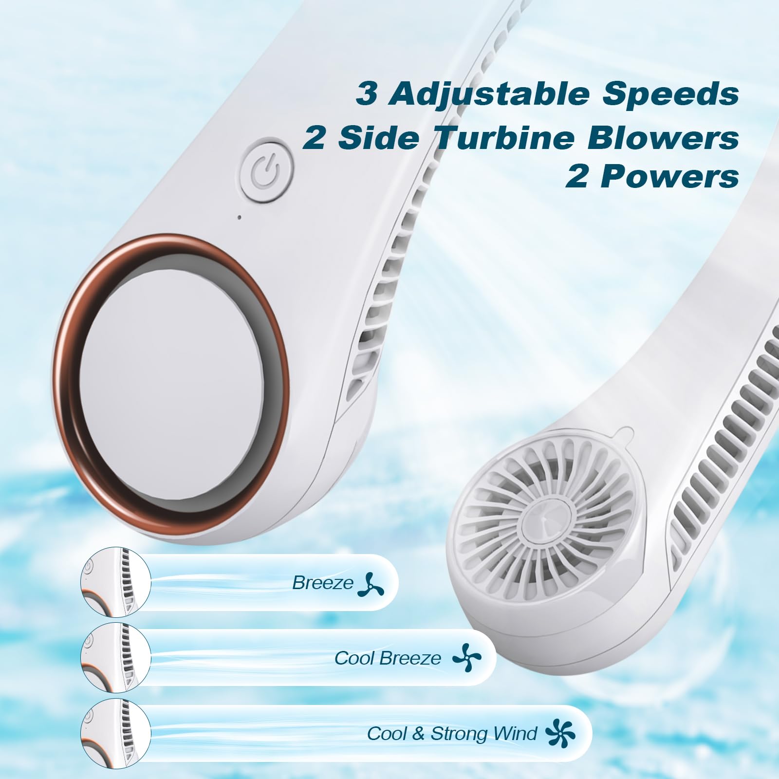 CIVPOWER neck fan with USB charging and 3-speed controls for customized comfort.