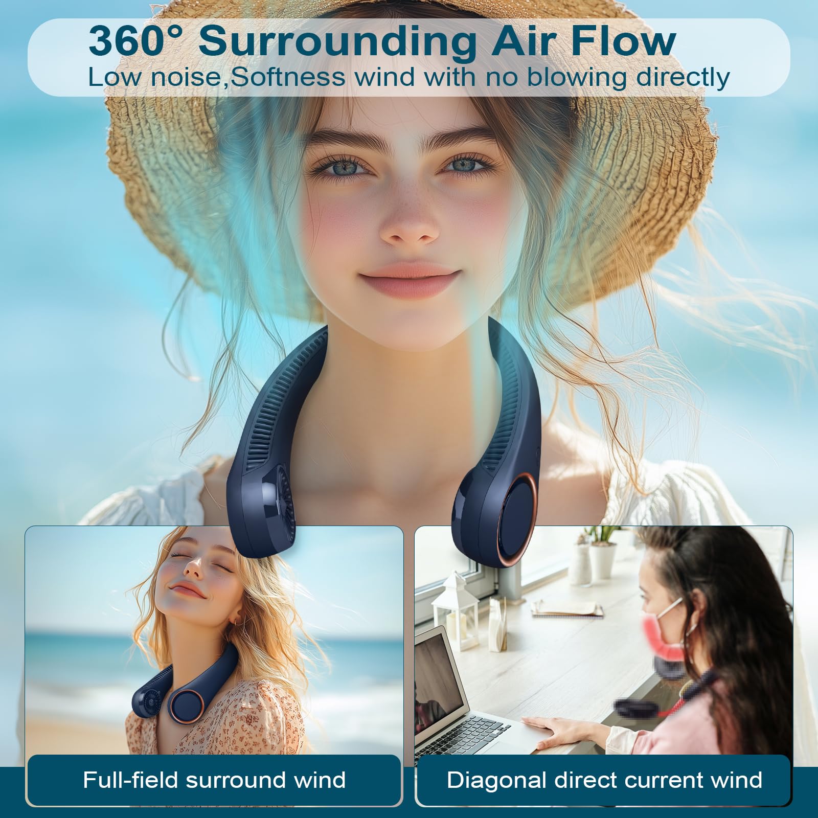 CIVPOWER bladeless neck fan close-up highlighting safety and comfort