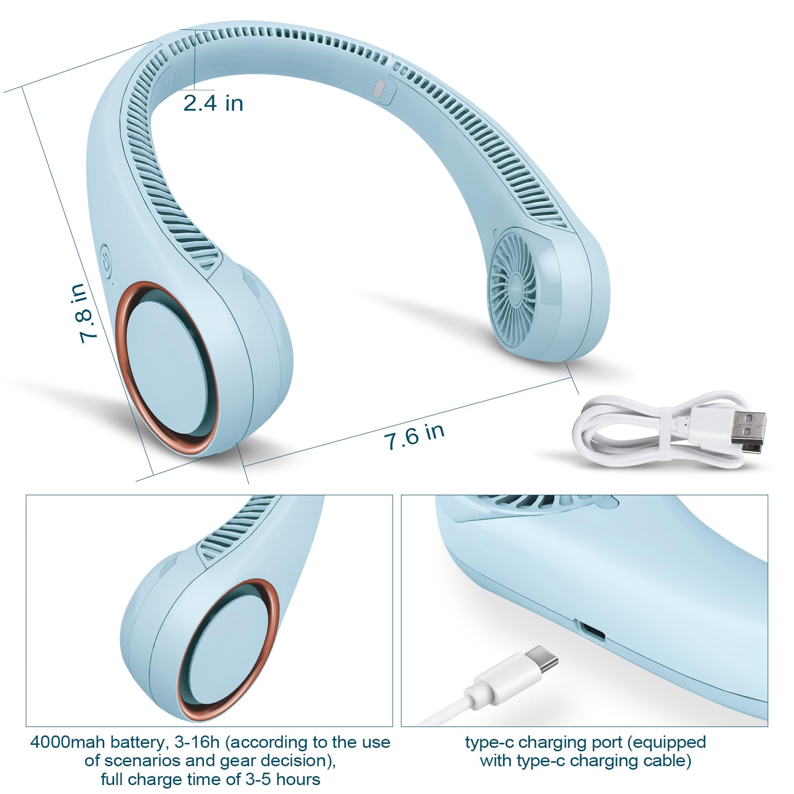CIVPOWER neck fan USB charging enables convenient power on the go.