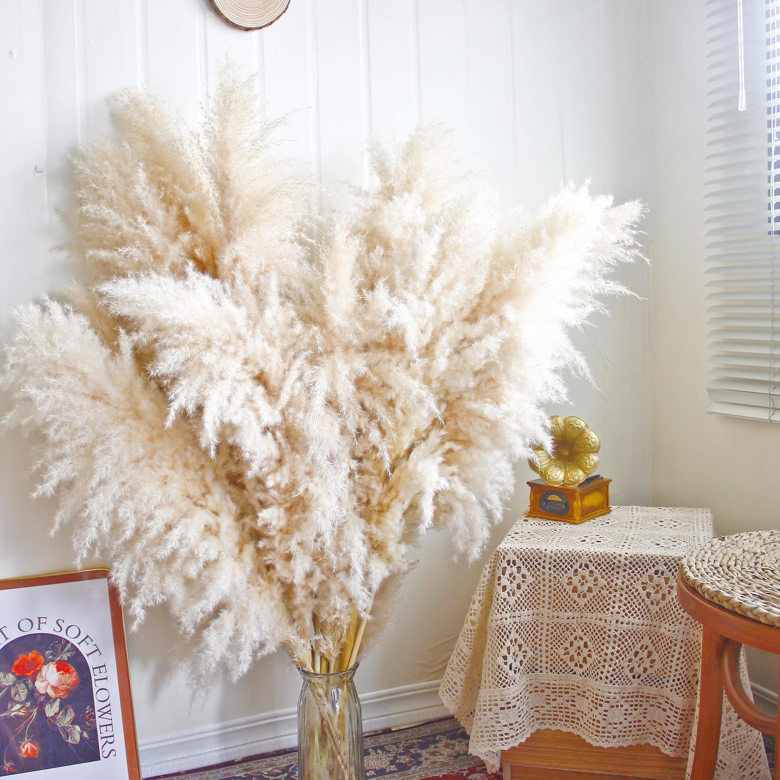 CKBT pampas grass tall stems in a floor vase create a dramatic focal point.
