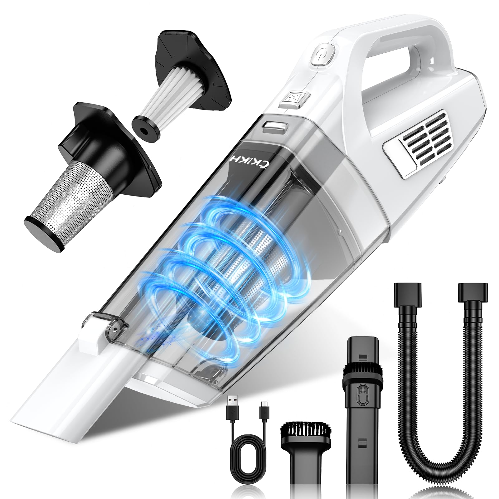 CKIKH handheld vacuum showing 15000Pa suction power for car and home cleaning