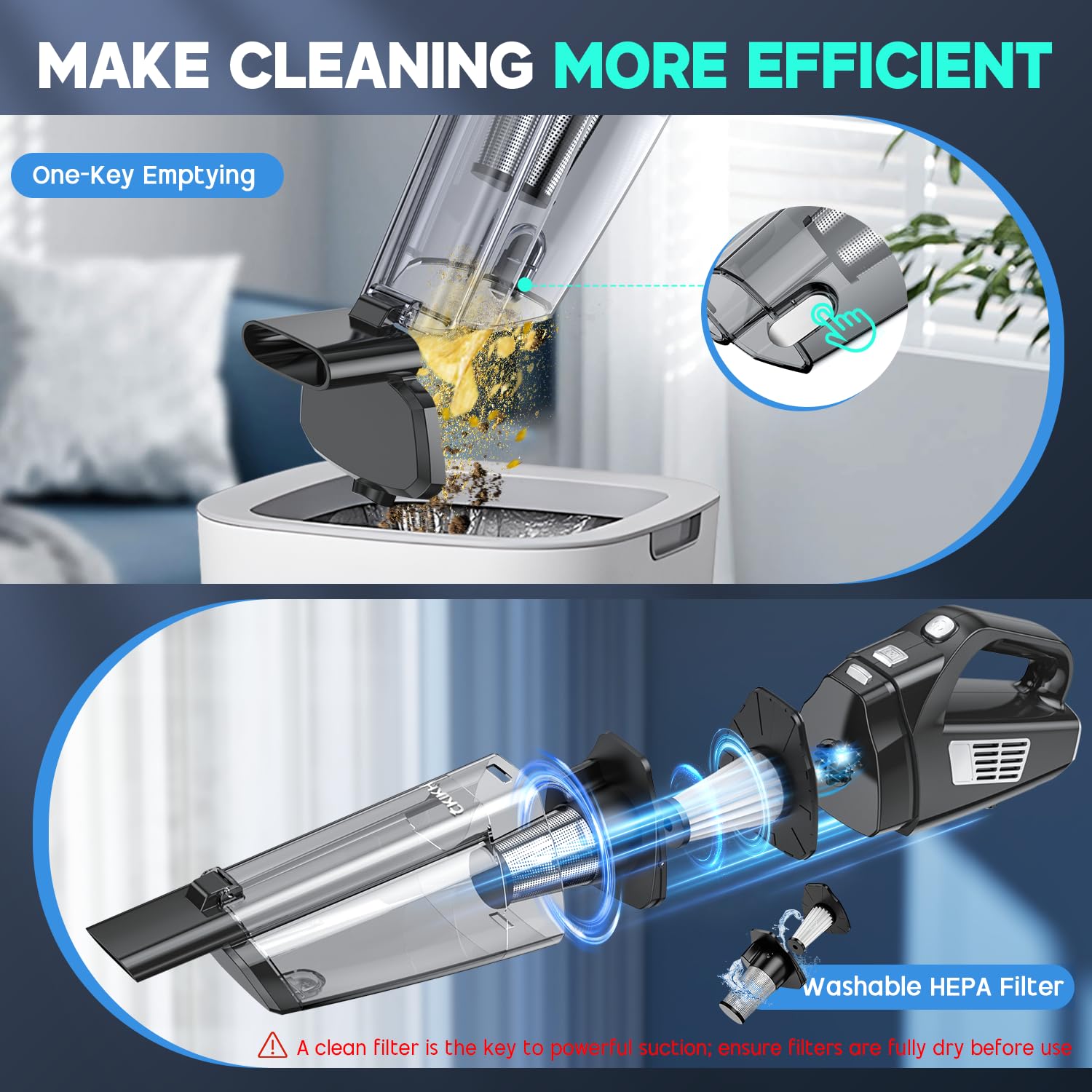 CKIKH handheld vacuum filters-dustbin demonstrates dual filtration and easy emptying.