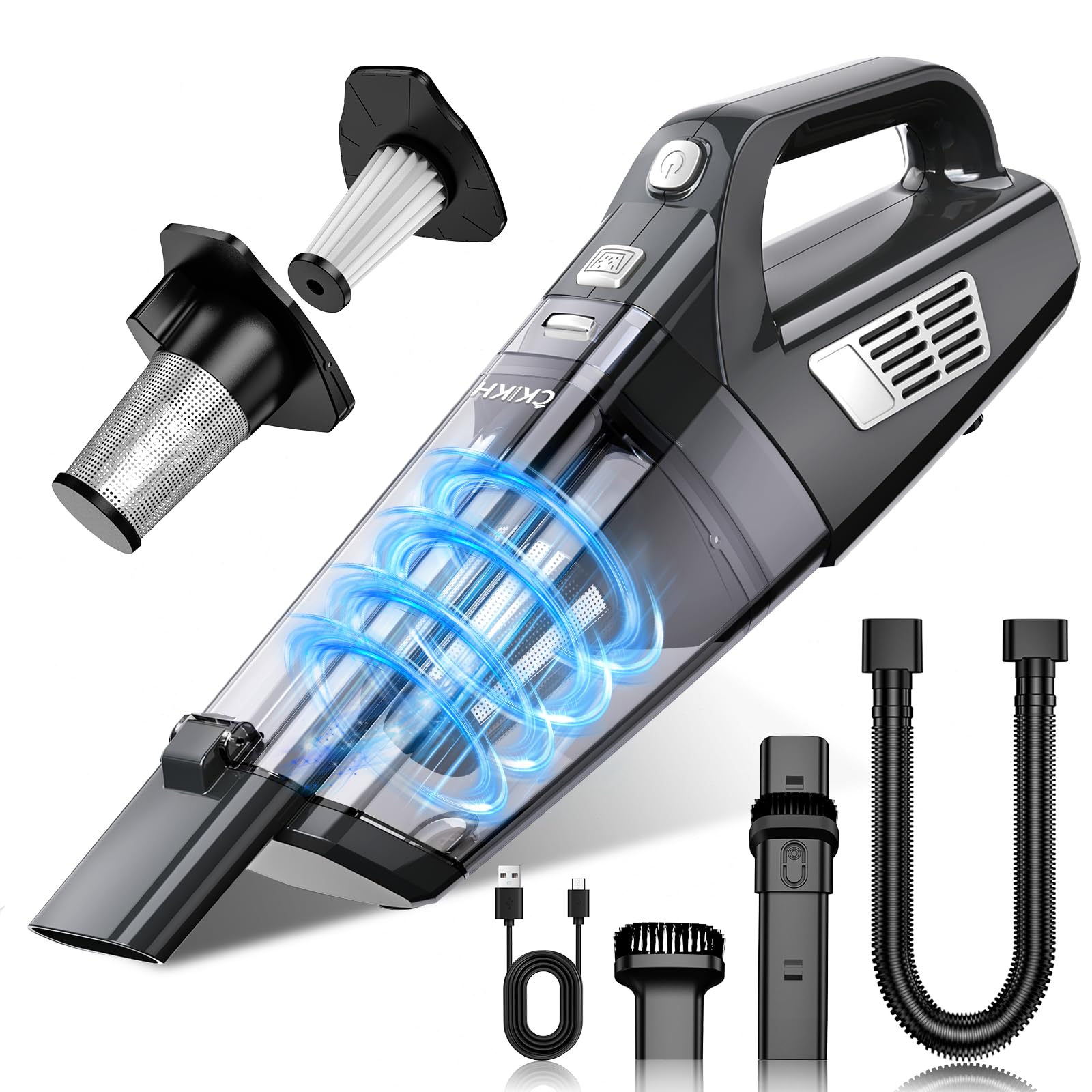 CKIKH handheld vacuum front-angled view shows compact design for easy home and car cleaning.