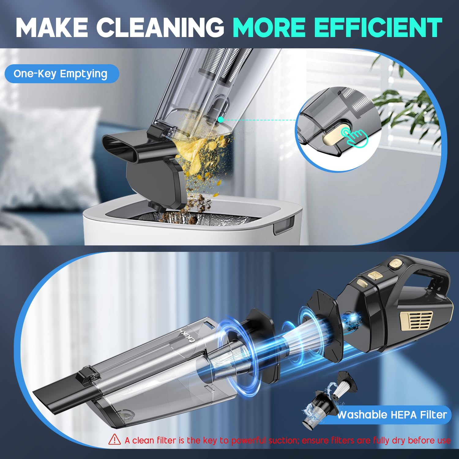 CKIKH Handheld Vacuum Type-C-charging enables quick, flexible recharging.