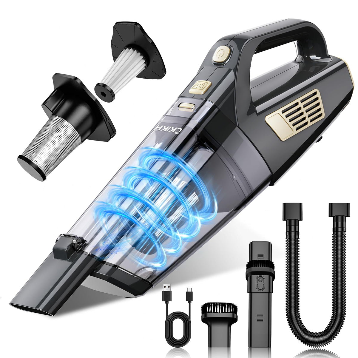 CKIKH Handheld Vacuum with strong-suction for car interiors and carpets.