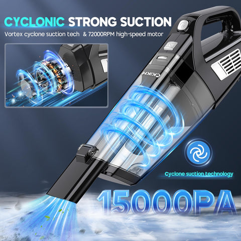 CKIKH handheld vacuum suction-core highlights powerful 15000Pa for deep-cleaning debris.