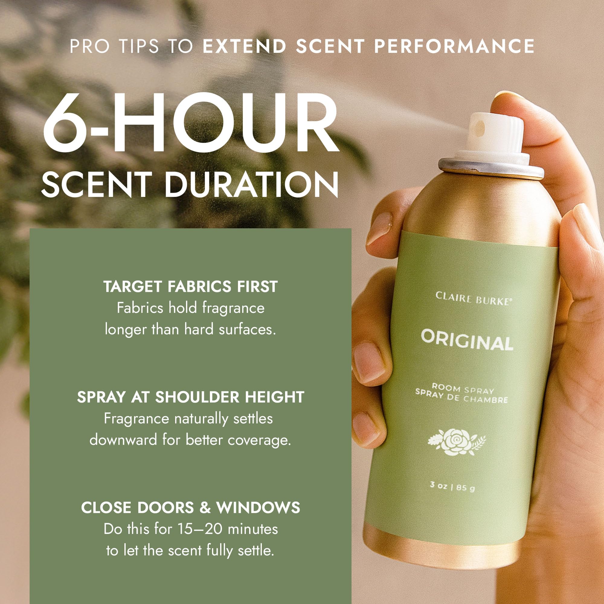 Claire Burke Original Scent Room Spray bathroom scene emphasizes odor control and fresh aroma.