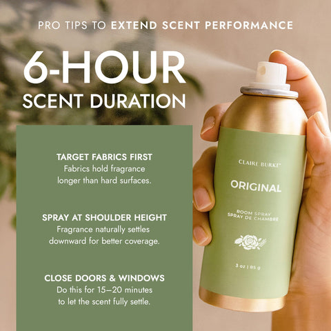 Claire Burke Original Scent Room Spray bathroom scene emphasizes odor control and fresh aroma.