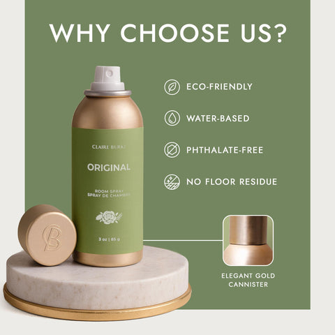 Claire Burke Original Scent Room Spray gold canister design evokes luxury home fragrance.
