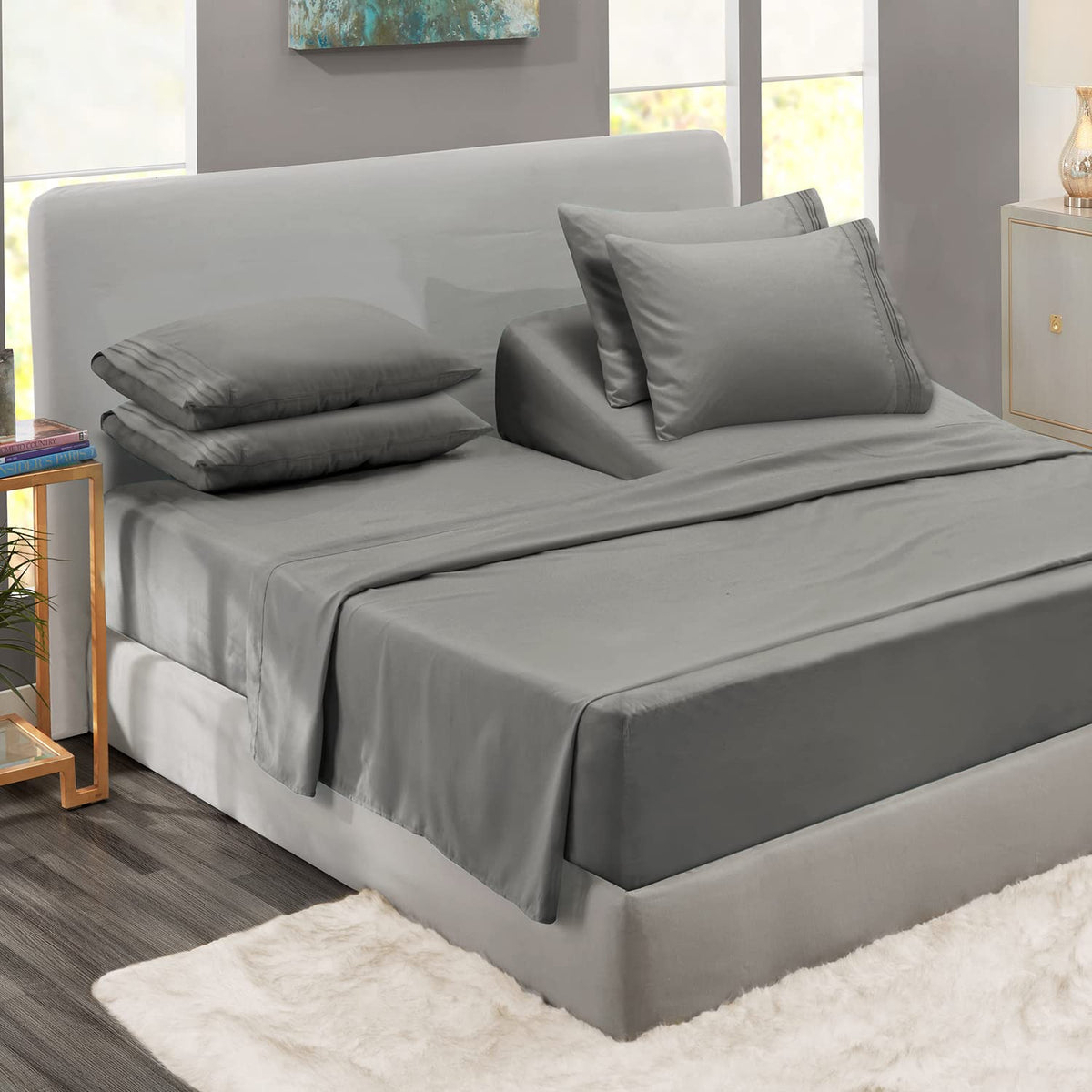 Clara Clark Flex Top King sheets 6-piece set on bed for luxurious hotel-like comfort