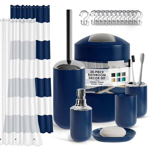 Clara Clark navy bathroom set shown for coordinated decor and organized space.