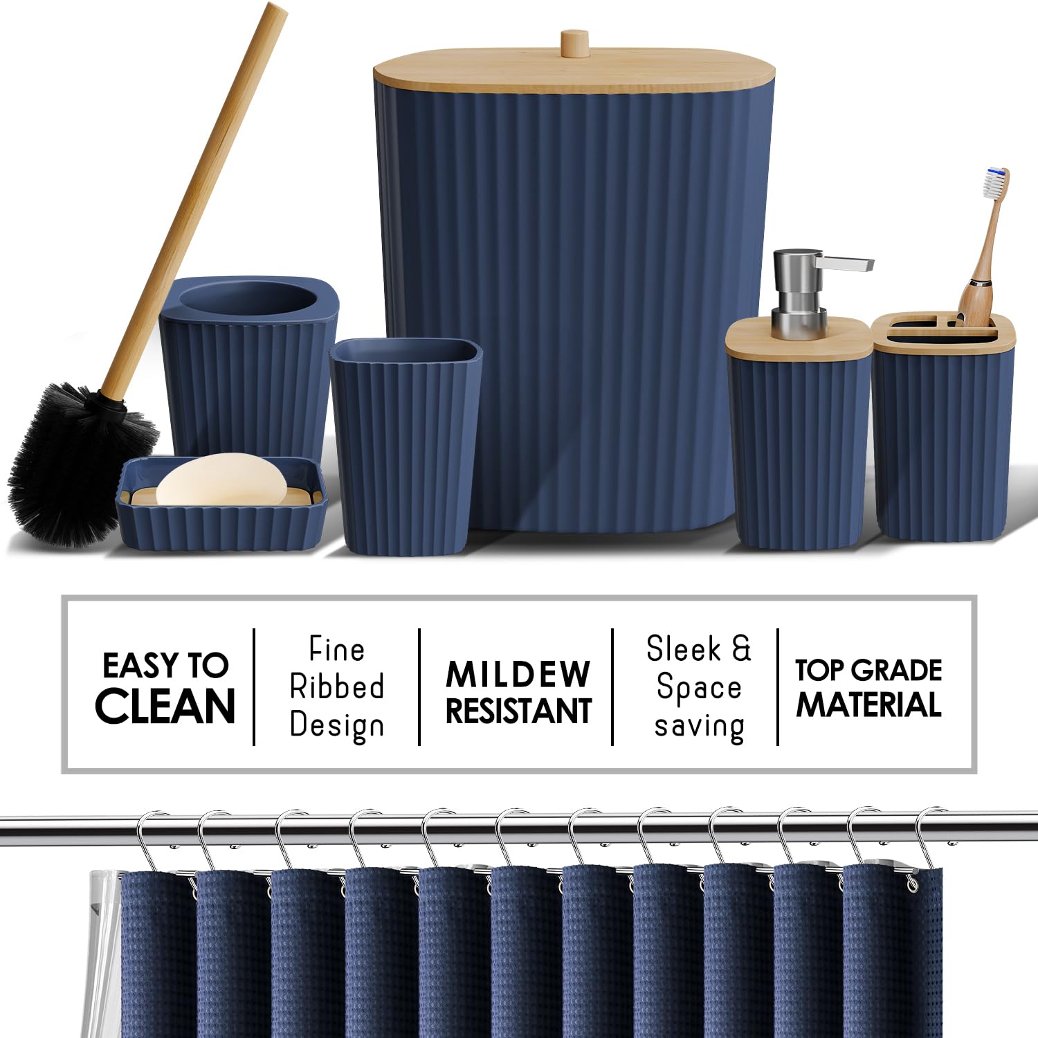 Clara Clark soap dispenser offers controlled flow with stylish navy finish.
