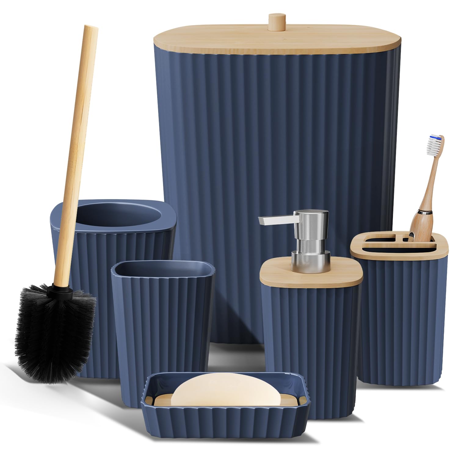 Clara Clark navy blue bathroom set on counter keeps essentials organized.