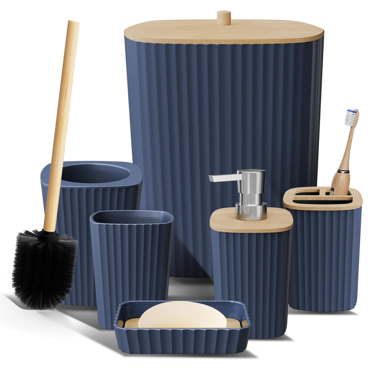 Clara Clark navy blue bathroom set on counter keeps essentials organized.