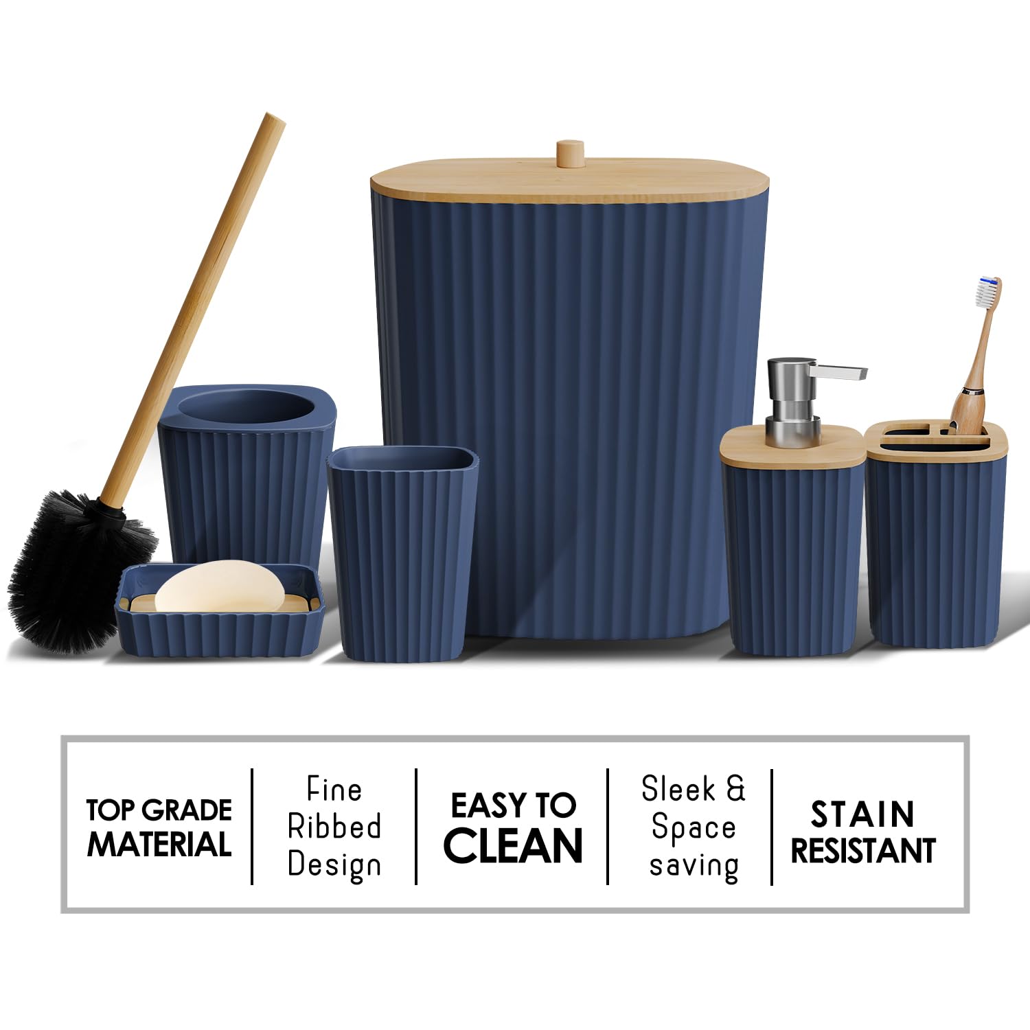 Clara Clark navy blue soap dispenser blends practicality with design.