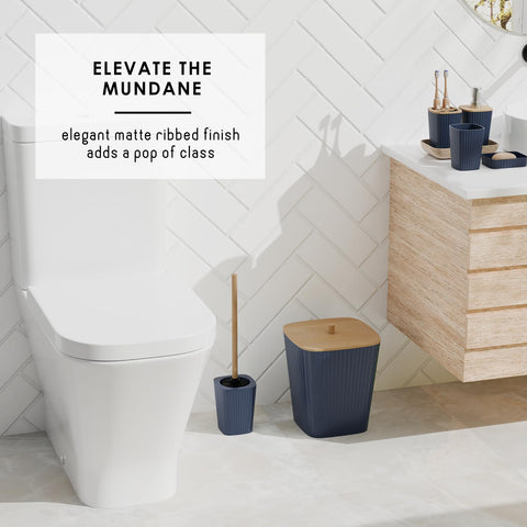 Clara Clark navy blue toilet brush holder marries function and style.