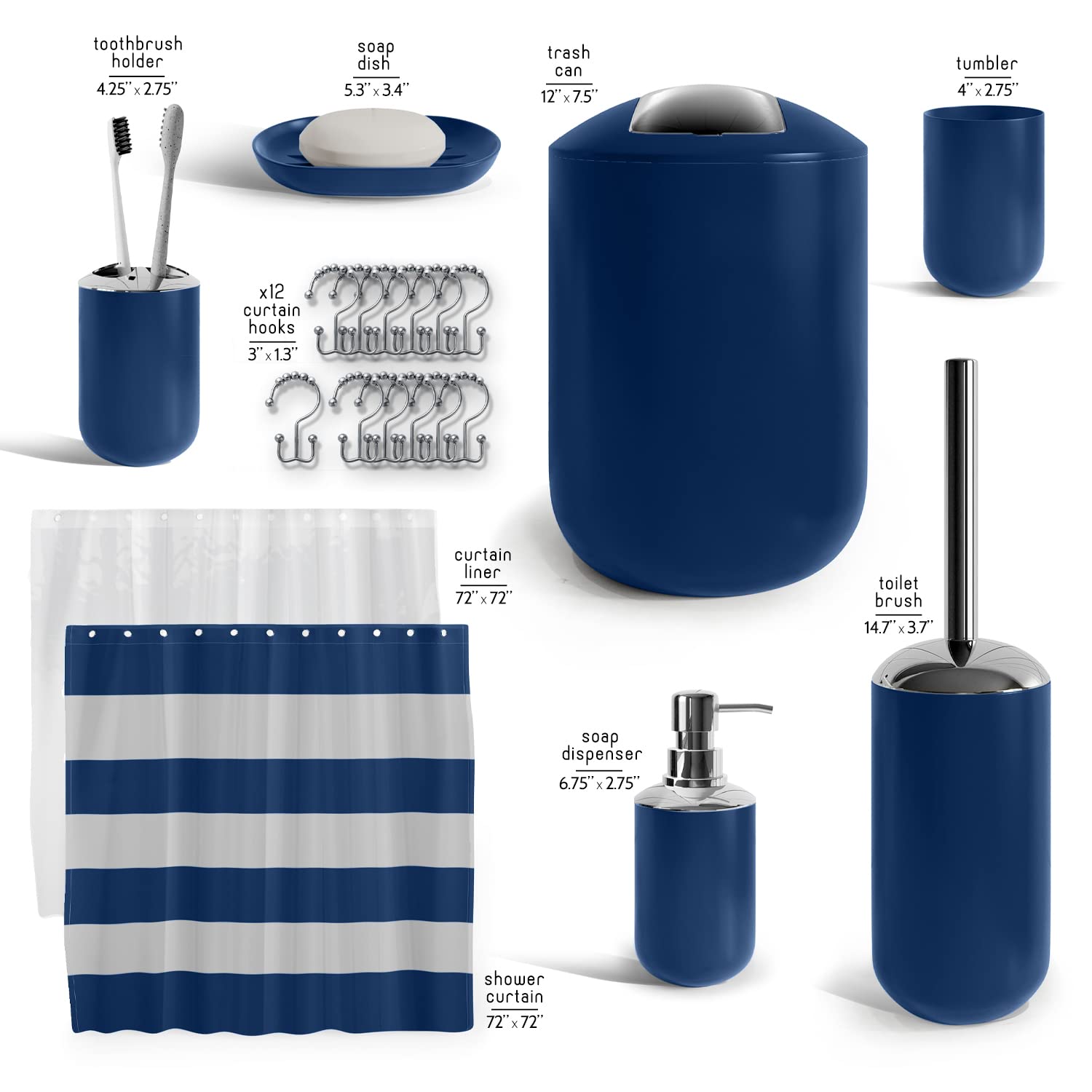Clara Clark navy shower curtain 72x72 demonstrates wrinkle-resistant fabric and chic styling.