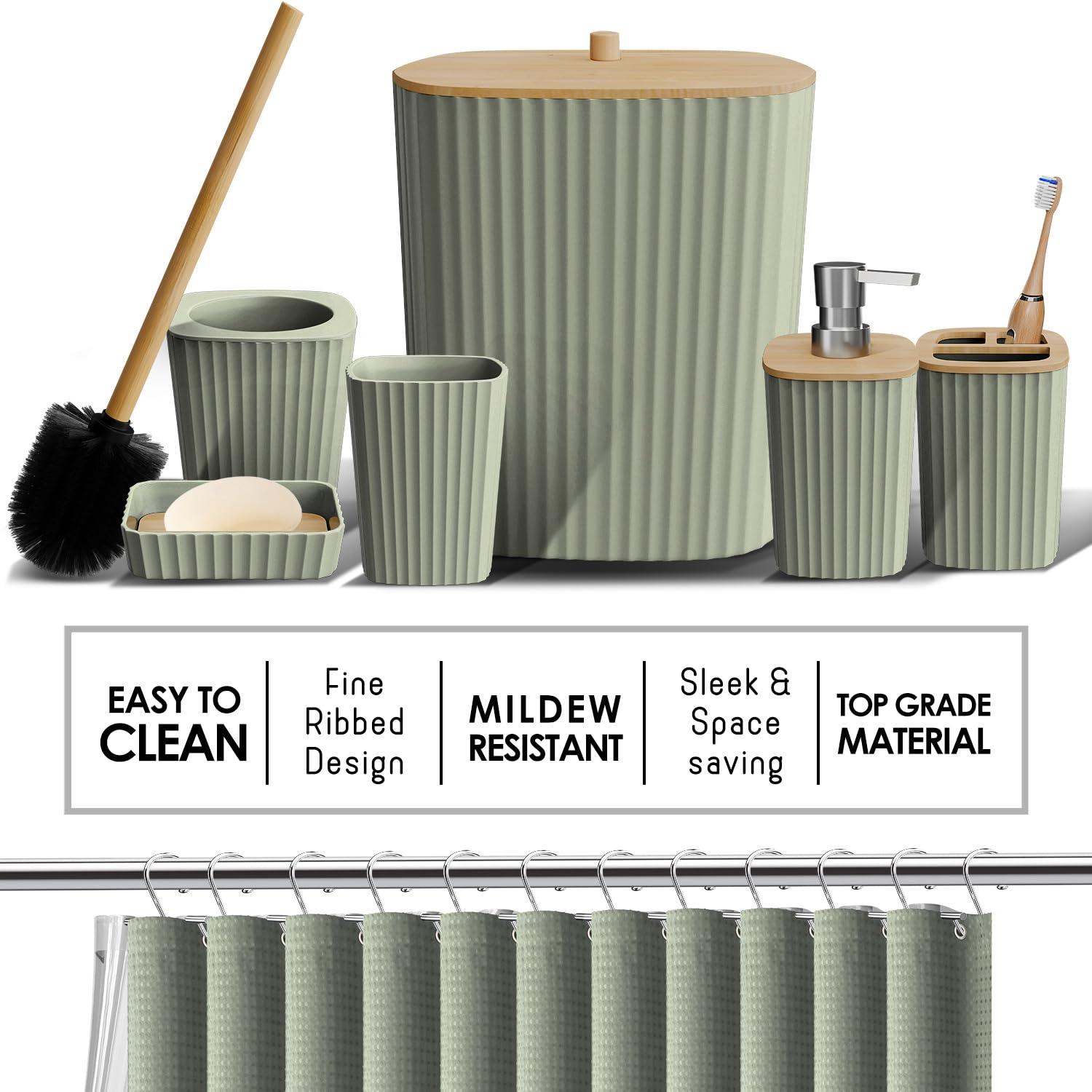 Clara Clark Sage Green trash can helps curb clutter with a compact, stylish footprint.