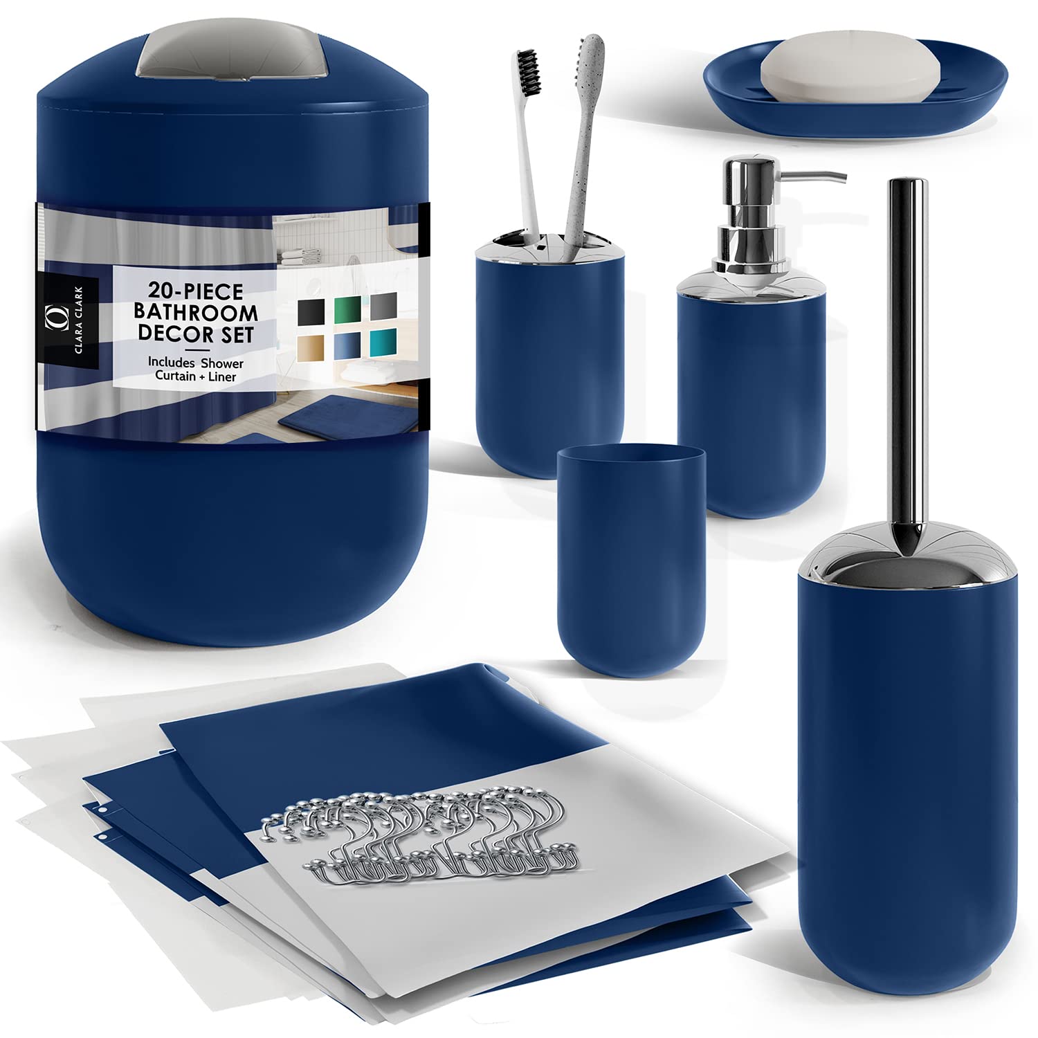 Clara Clark toilet brush holder completes navy set look.