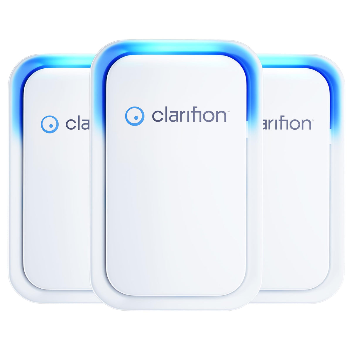 Clarifion air ionizer 3-pack plugged into outlet for easy room-wide air ionization.