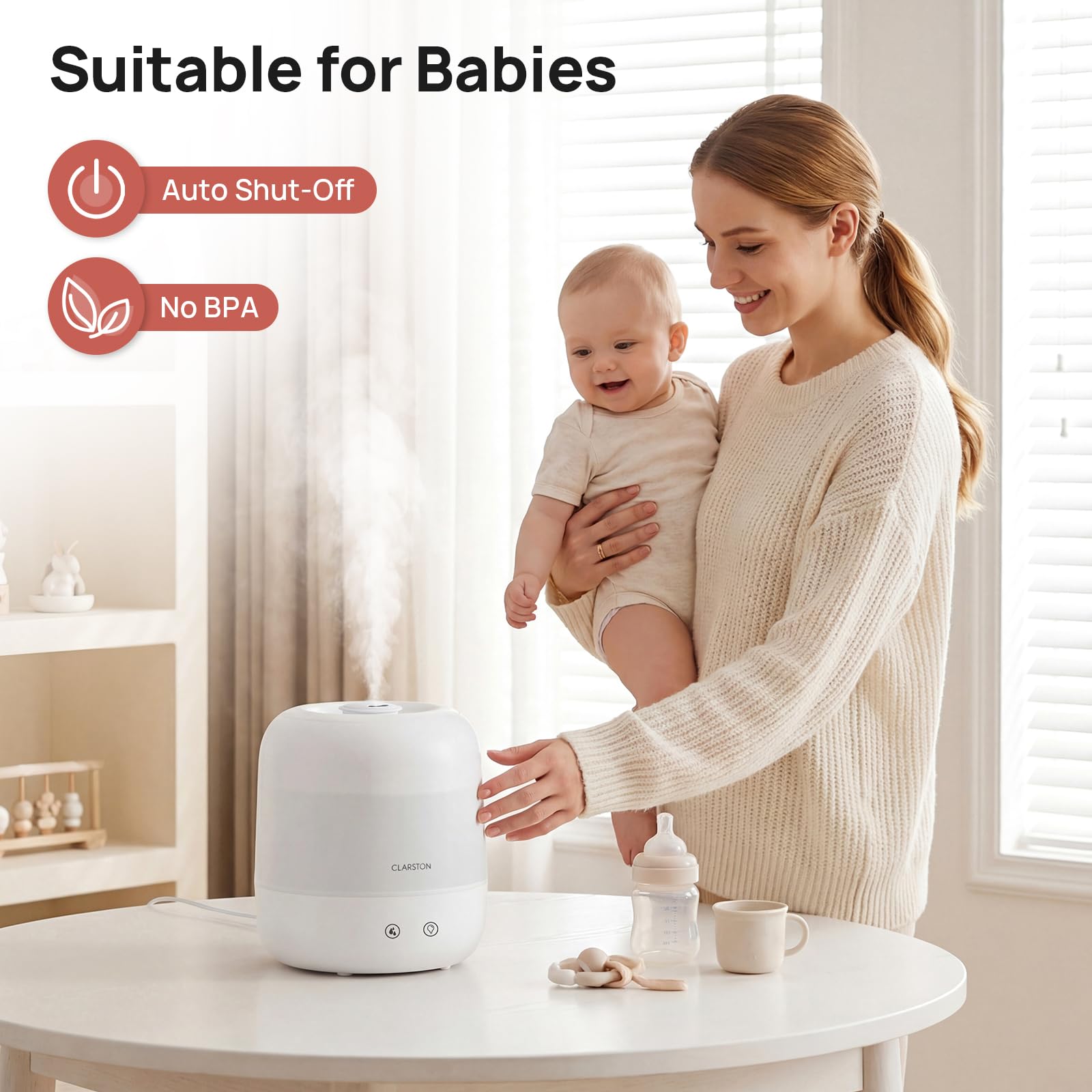 Clarston baby safe humidifier with auto shut off for nurseries.