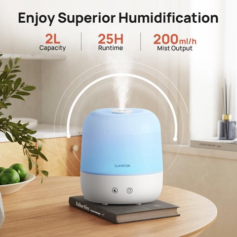 Clarston humidifier showing 360° nozzle for directed mist.