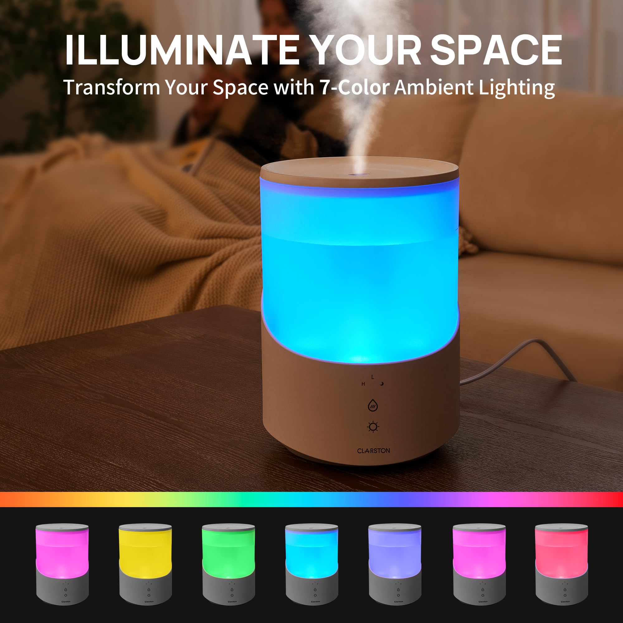 Clarston humidifier 7-color LED night light enhances room ambiance.