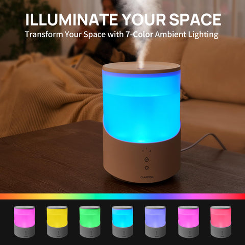 Clarston humidifier 7-color LED night light enhances room ambiance.