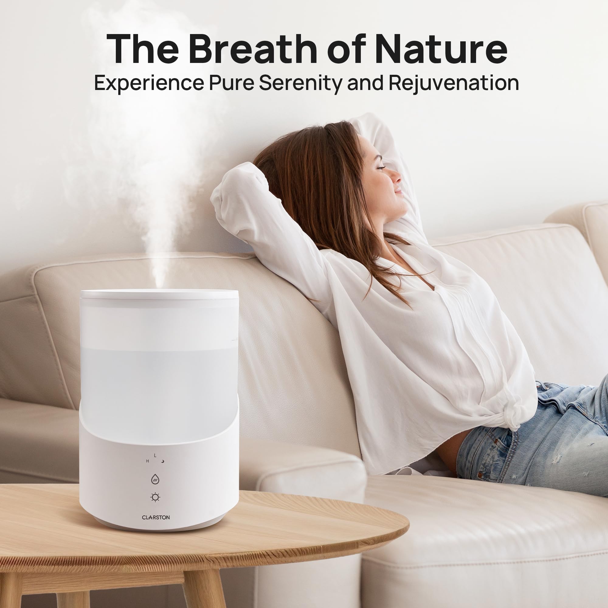Clarston humidifier doubles as essential oils diffuser for subtle aroma.