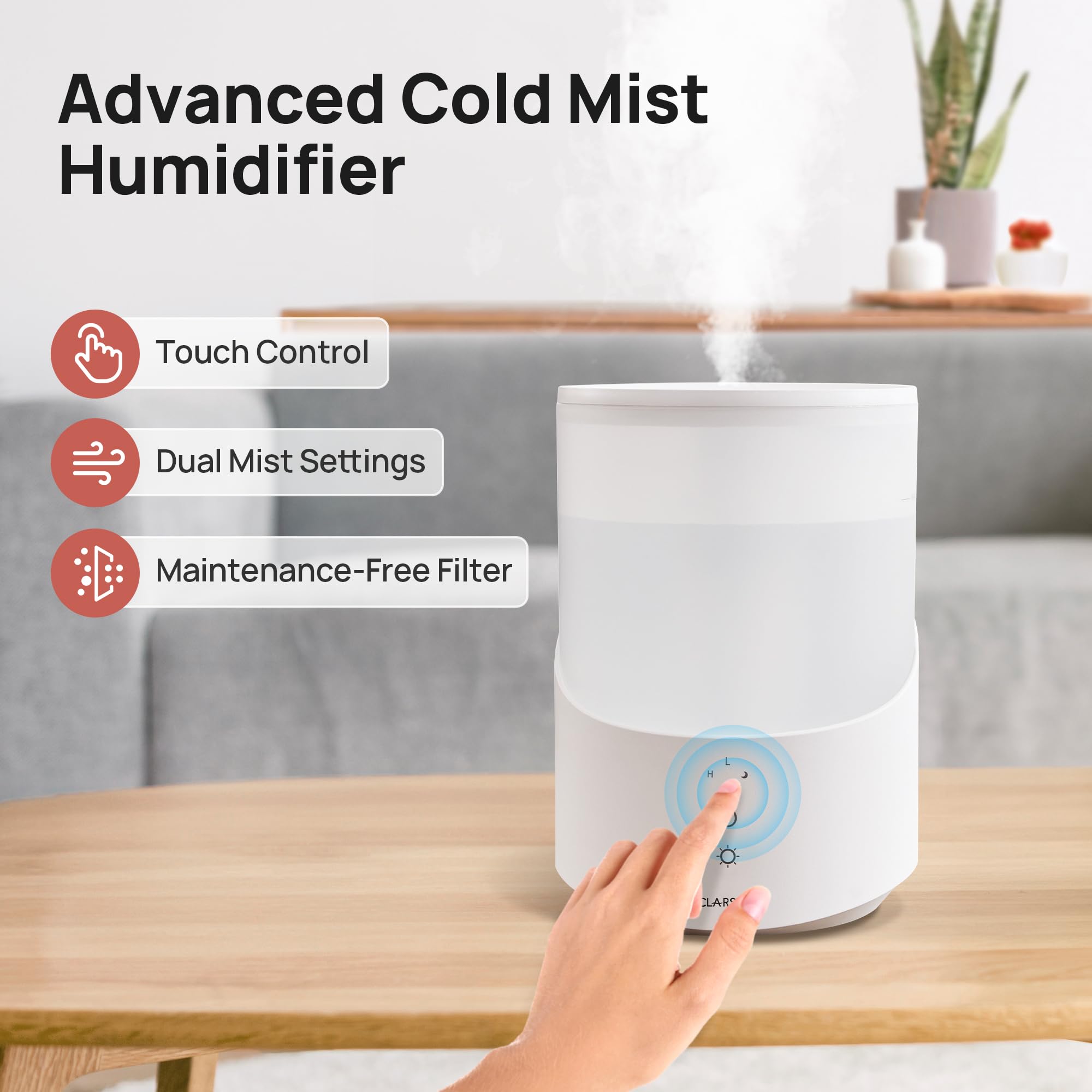 Clarston humidifier large 2.5L tank supports long usage.