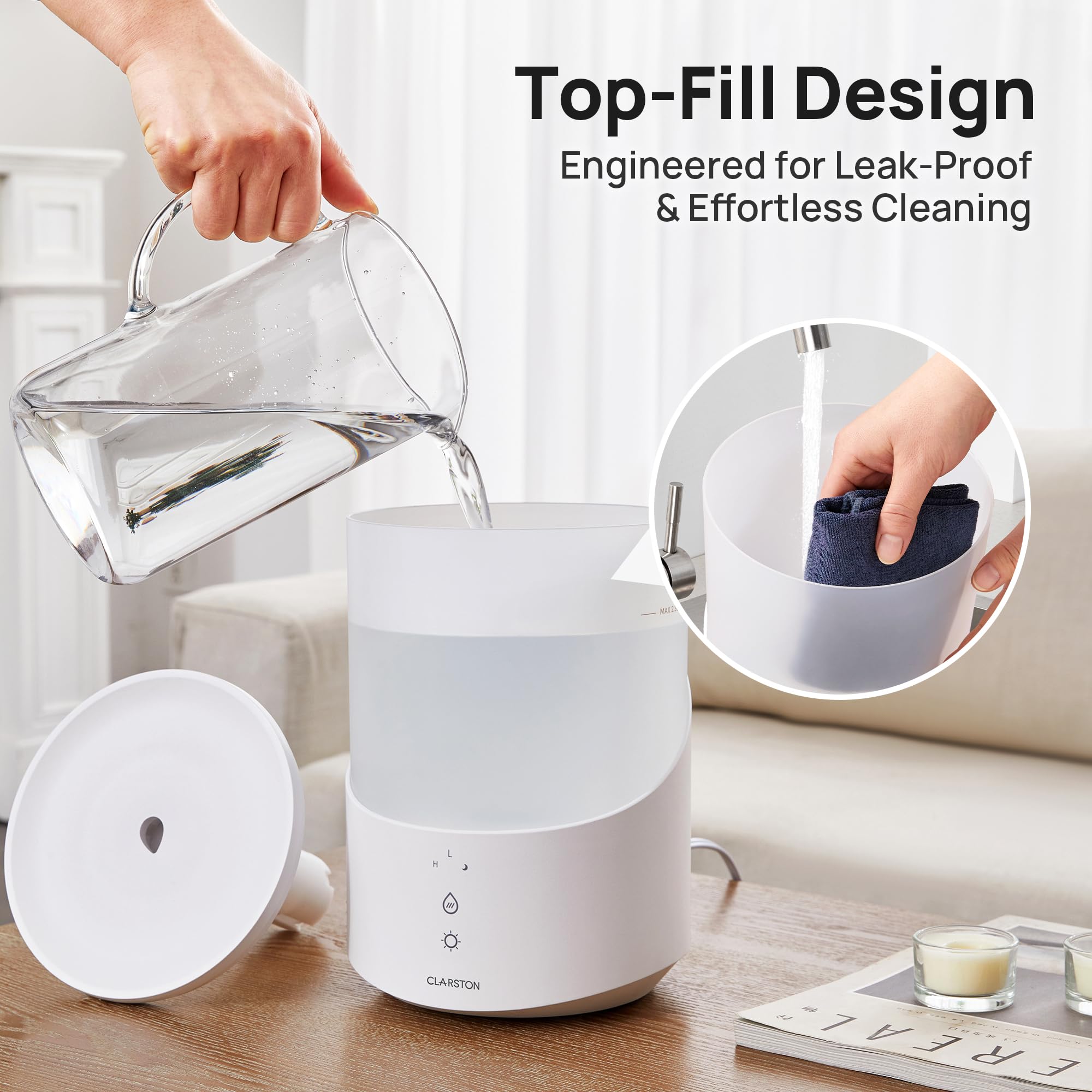 Clarston humidifier night light offering a soft, calming glow for bedrooms.