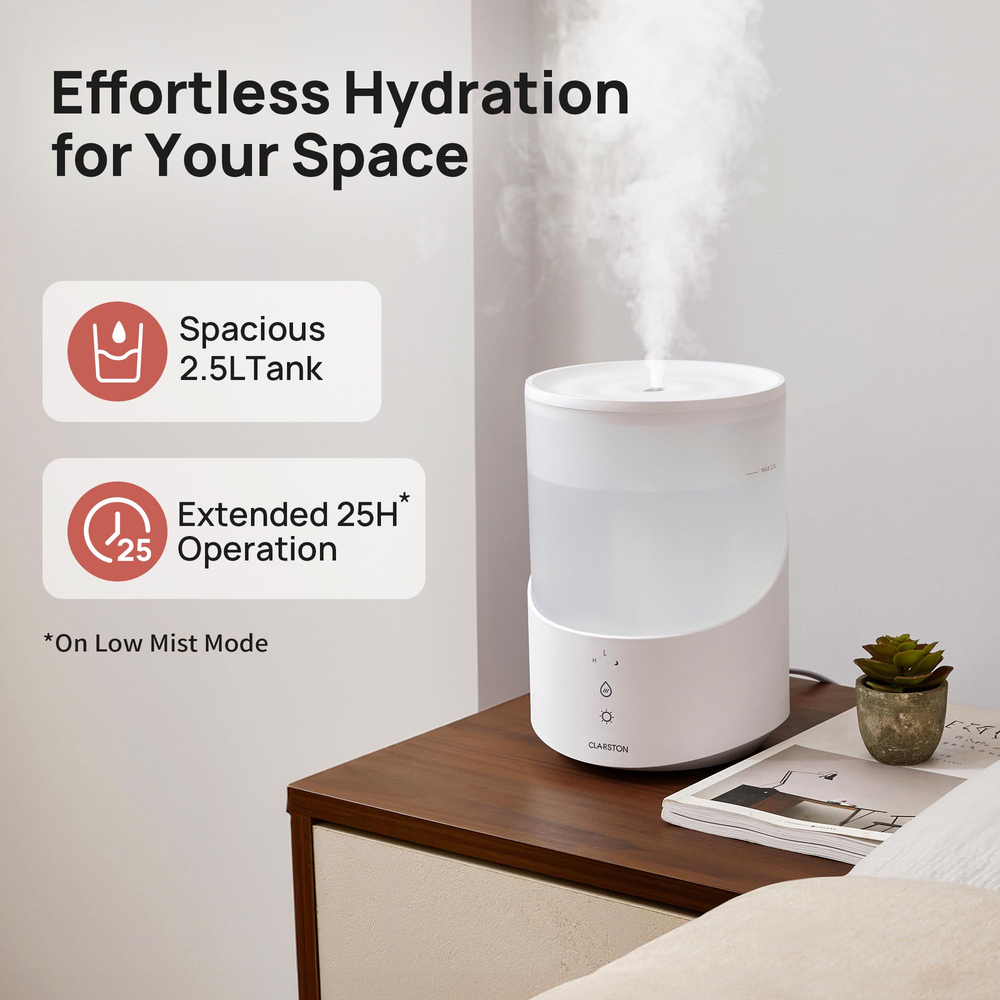 Clarston humidifier operates quietly, ideal for nursery and night-time use.