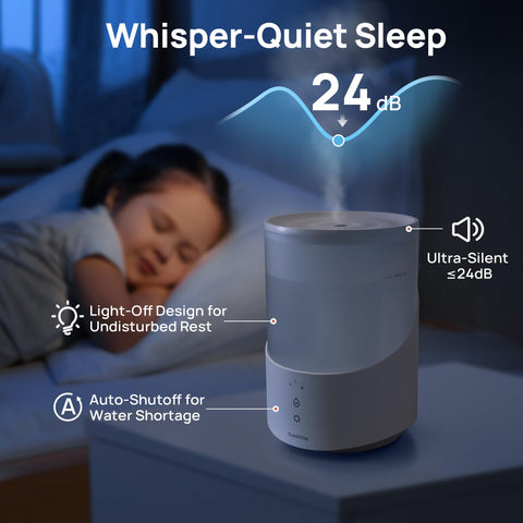 Clarston humidifier sleep mode dims lights for undisturbed rest.