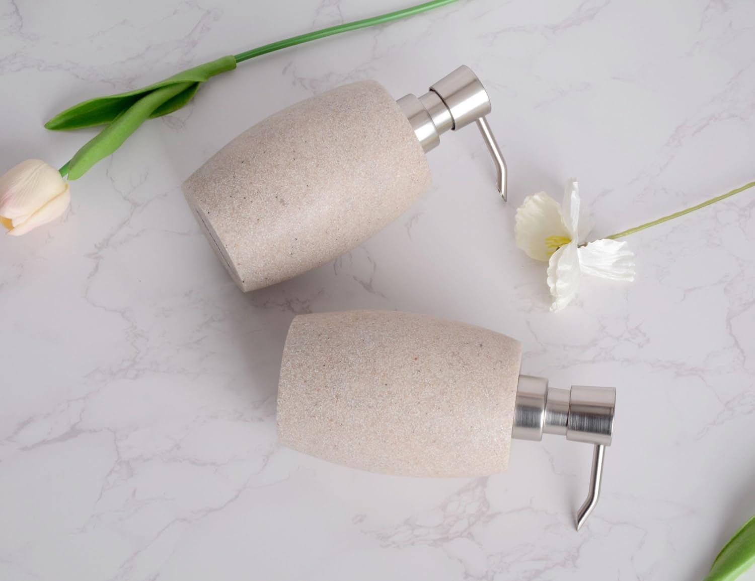 Two beige dispensers set blends with modern bathroom and kitchen decor.
