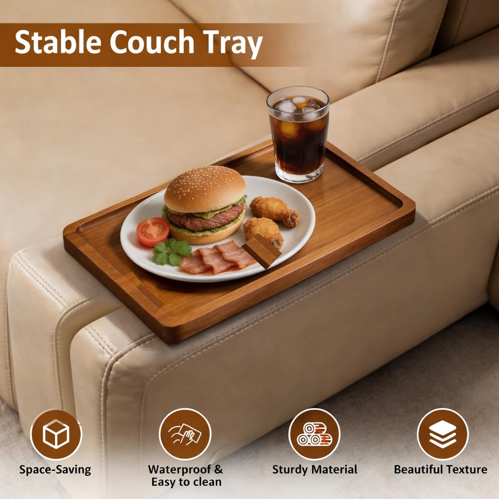 Clavorae acacia couch tray non-slip grip prevents tipping