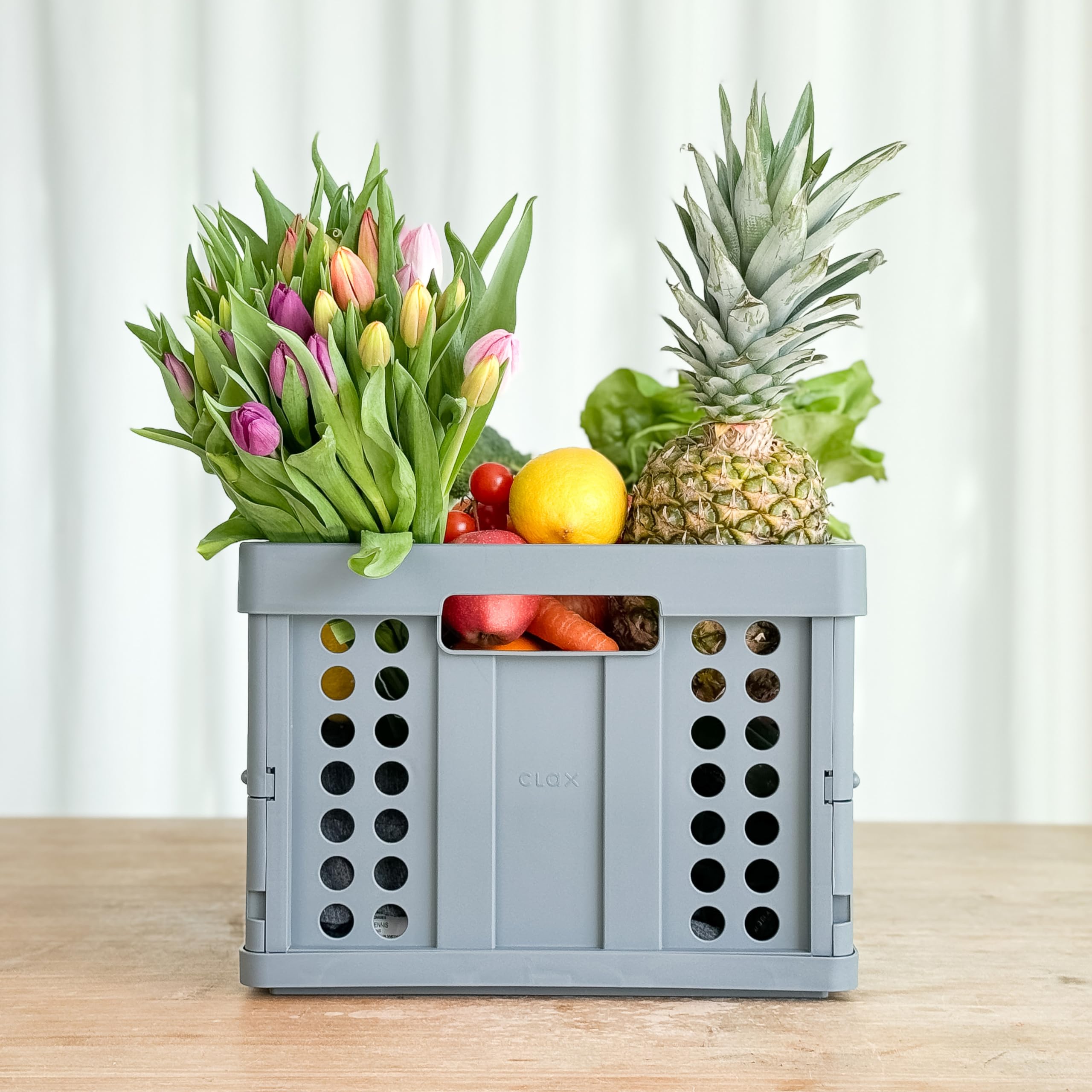 Clax crate grey opened dimensions show tall storage when extended.