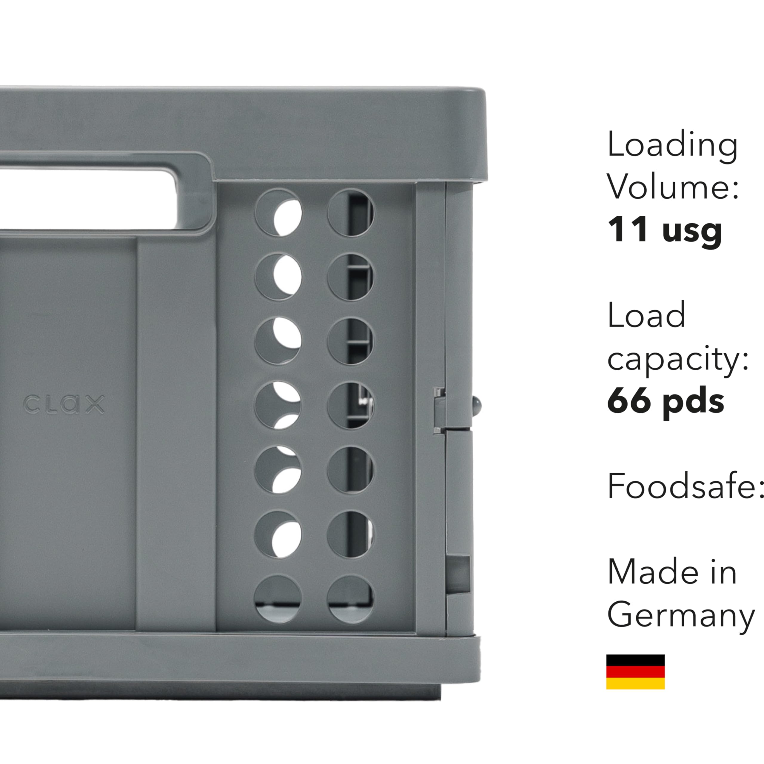 Clax crate grey open reveals generous capacity for versatile sorting.