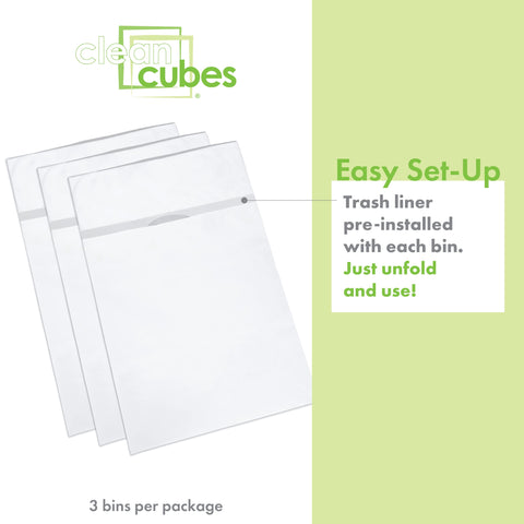 Clean Cubes 30-gallon bin with fitted bag for mess-free disposal.