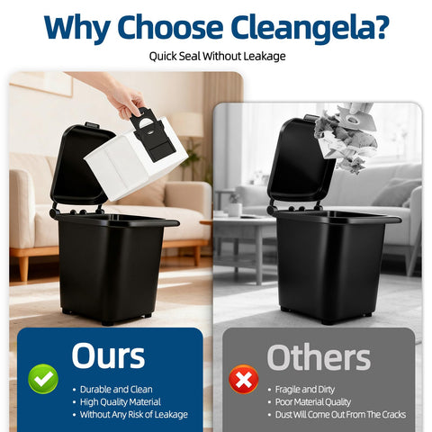 Cleangela easy-install dust bags with push-pull handle for tidy replacement.