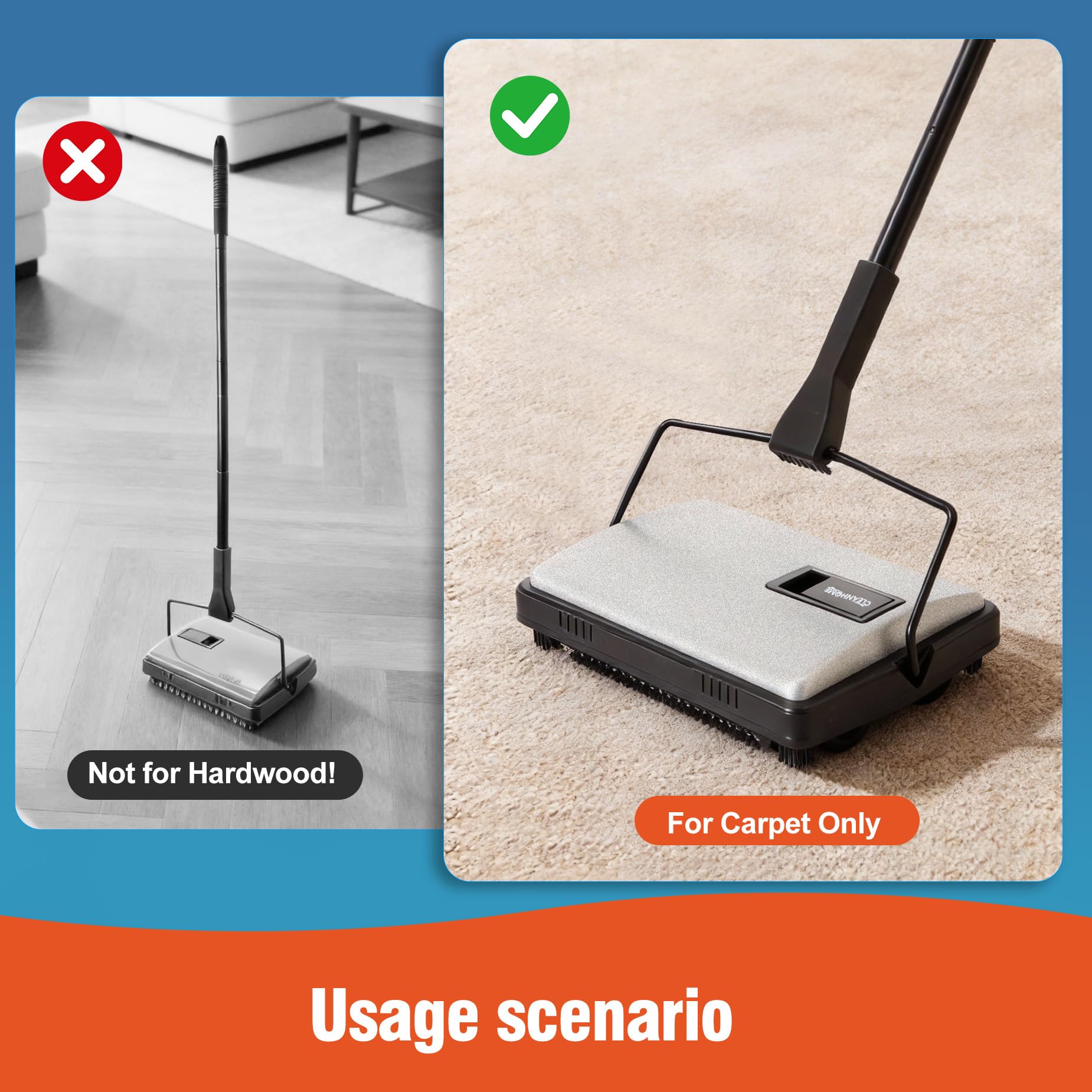 CLEANHOME lightweight handle improves control during sweeping.