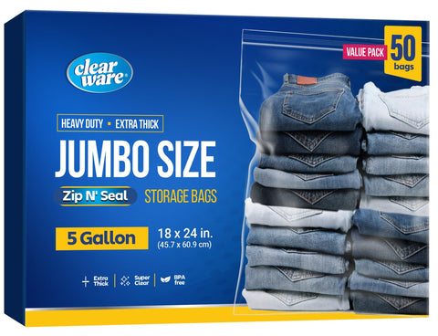 CLEARWARE 50 large storage bags with zipper top, ideal for easy closet organization.
